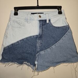 Women Hollister Ultra High-rise Mom Short Light and Dark Blue Patch Denim Shorts